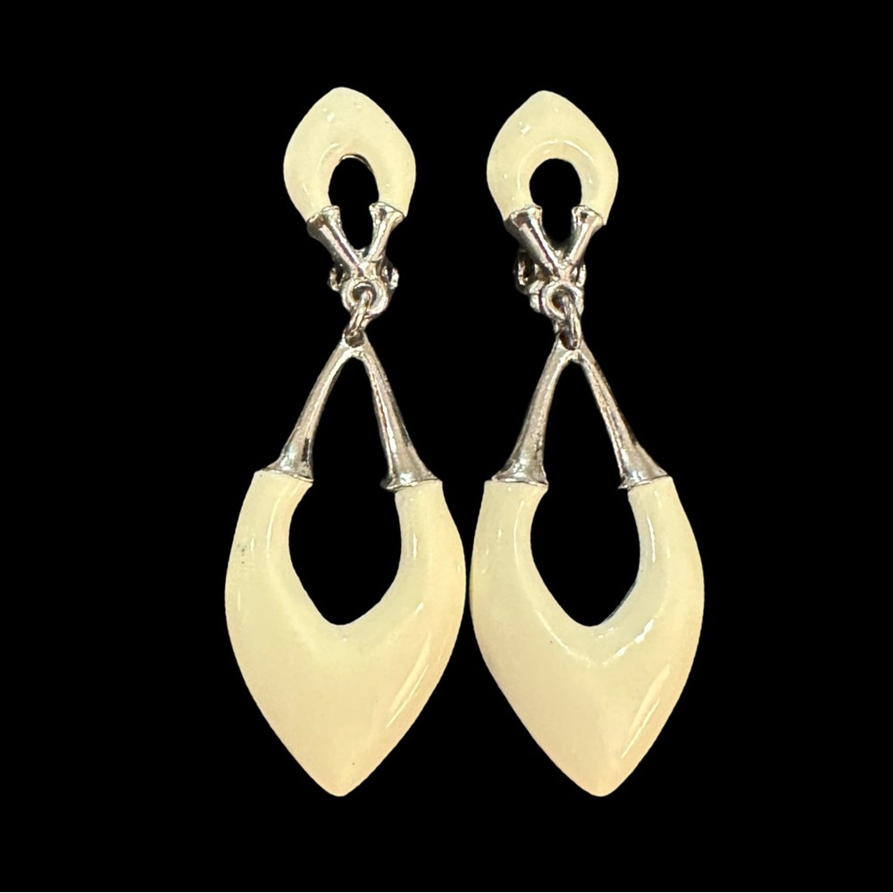 Vintage Ivory & Silver Clip-On Drop Earrings